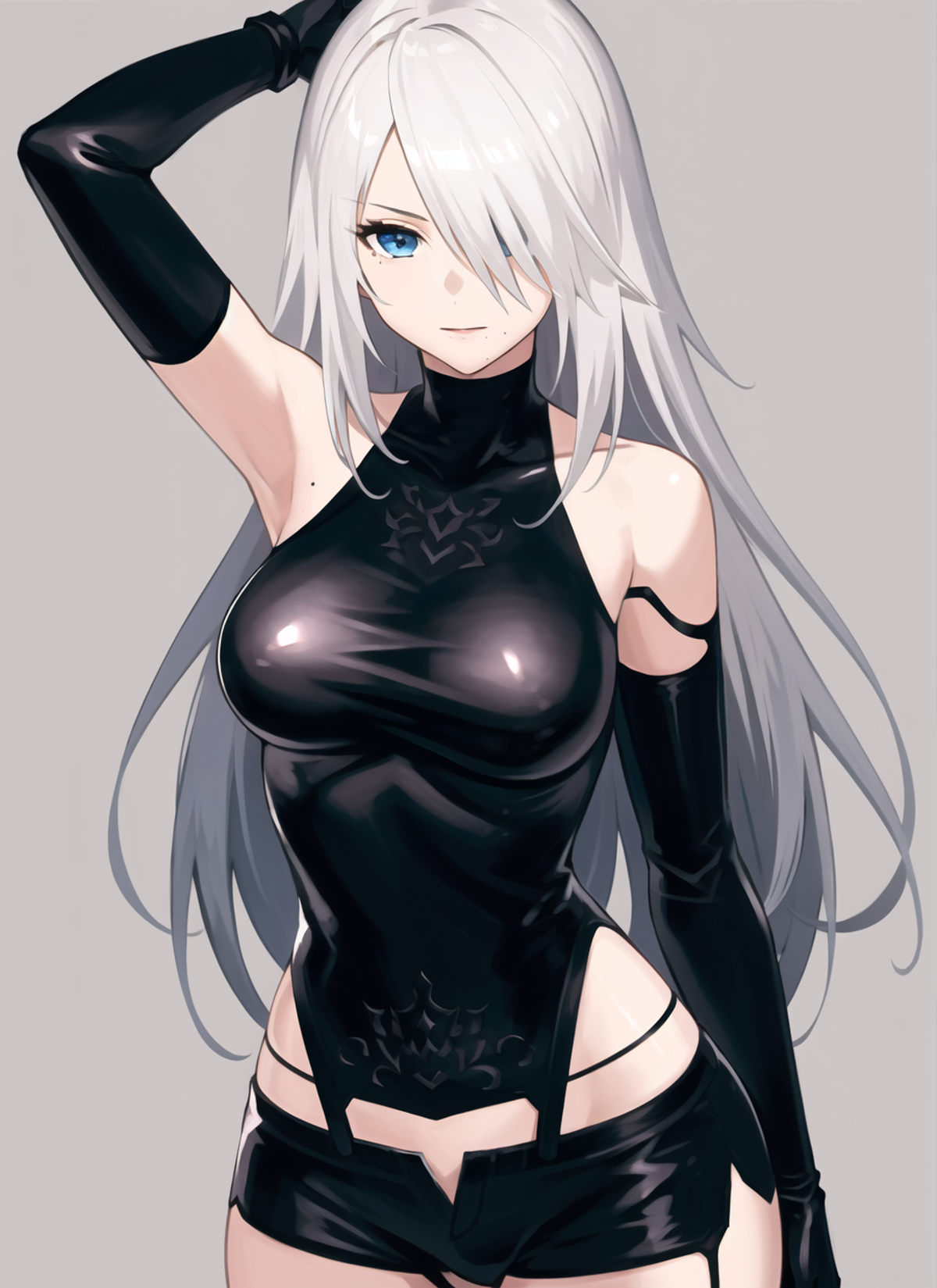 fubuki \(fakemonkey0224\), yorha type a no. 2, 1girl, android, bare shoulders, black gloves, blue eyes, breasts, cracked s...